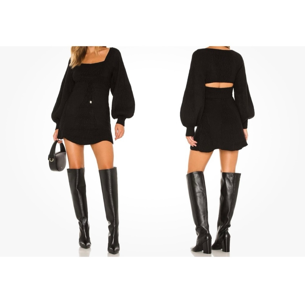 Free People Emmaline Mini Sweater Dress Black Long Sleeve Back Cut Out Large